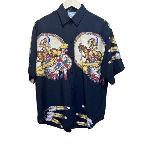 Vintage Como Studio Native American Graphic Black Button Down Shirt Size 8 - Picture 1 of 11